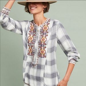 Anthro Akemi + Kim Plaid Embroidered Blouse M